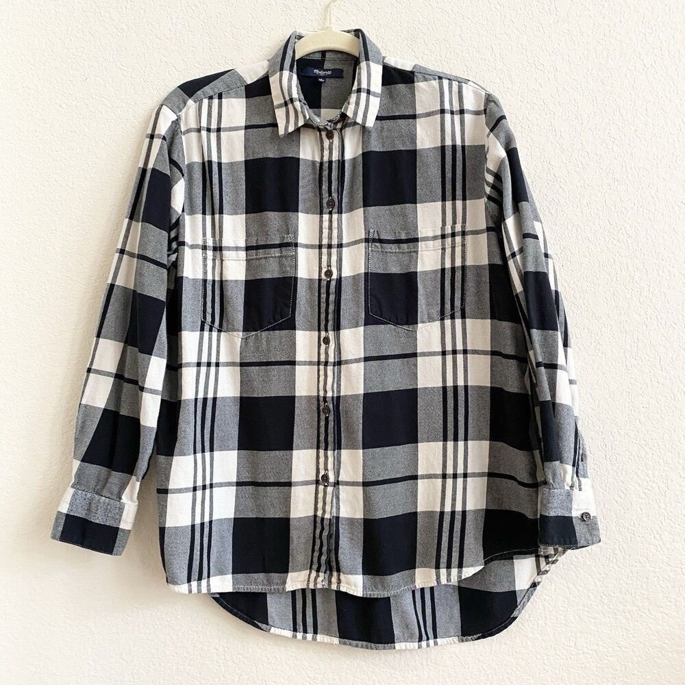 Madewell Women's Flannel Shirt Sz S Black White Gray Plaid Button‎ Up Boyfriend
